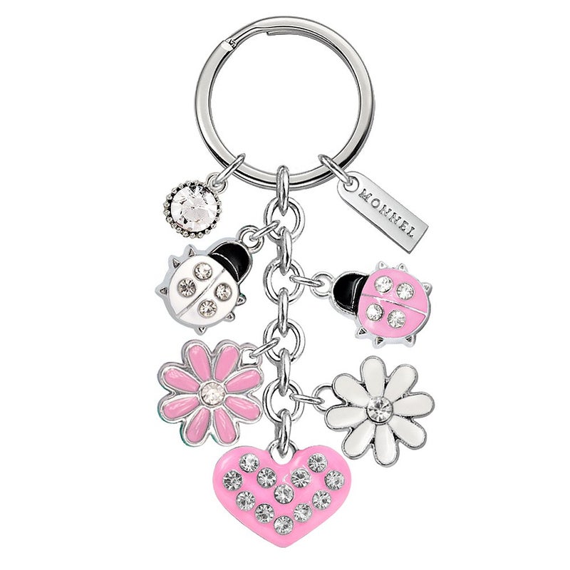 MONNEL Z519-E Ladybugs Flowers Heart Keychain Charms Pendants with Velvet Bag (Pink White) - Image 1